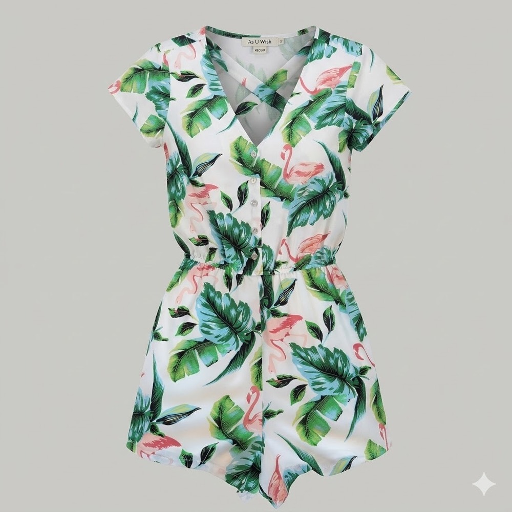 As U Wish Flamingo Tropical Print‎ Romper Medium White Green Pink Button Front